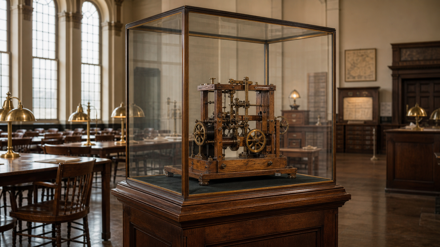 A small wooden-and-brass patent model sits inside a glass display case in an old Patent Office room.