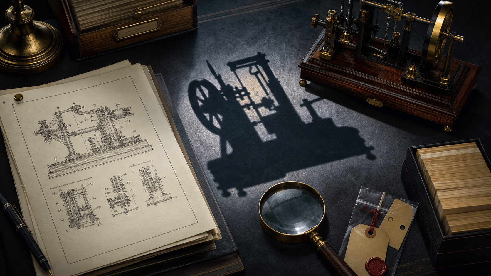 Patent drawings on a table cast the shadow of a small machine beside archival files.