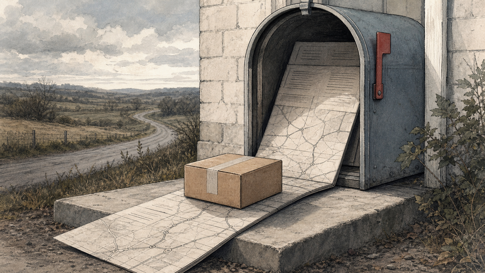 Editorial illustration of a cardboard prescription package at a clinic doorway shaped like a mailbox, with court papers and route lines folded into the threshold.