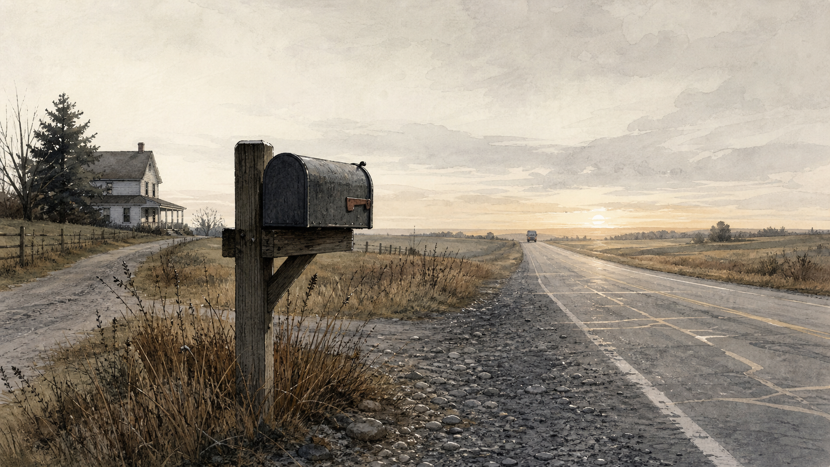 A rural mailbox at the edge of a gravel road, with postal route lines suggested in the road surface and a carrier vehicle distant on the horizon.