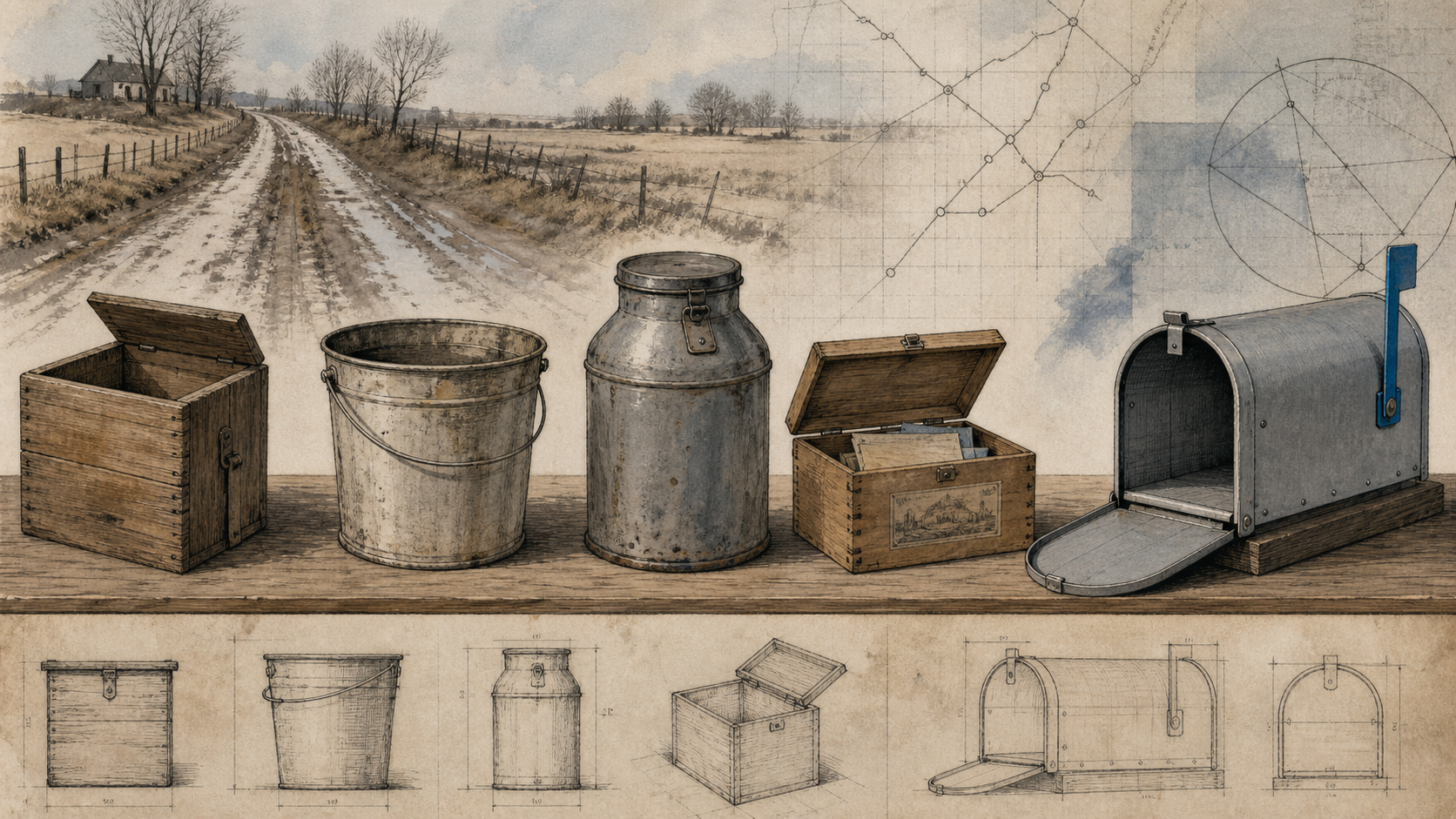 A tabletop editorial illustration of improvised rural mail containers giving way to a standardized metal mailbox, with a muddy road profile and postal route geometry around them.