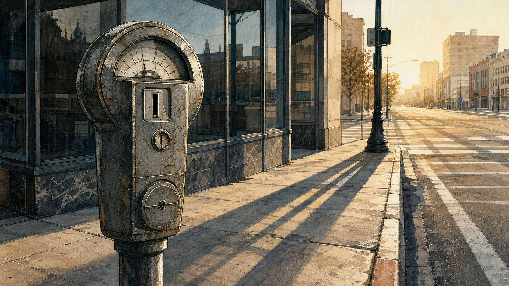 A weathered 1930s parking meter stands beside a downtown curb at dawn, with storefront glass, lane stripes, and long shadows arranged like a civic ledger.