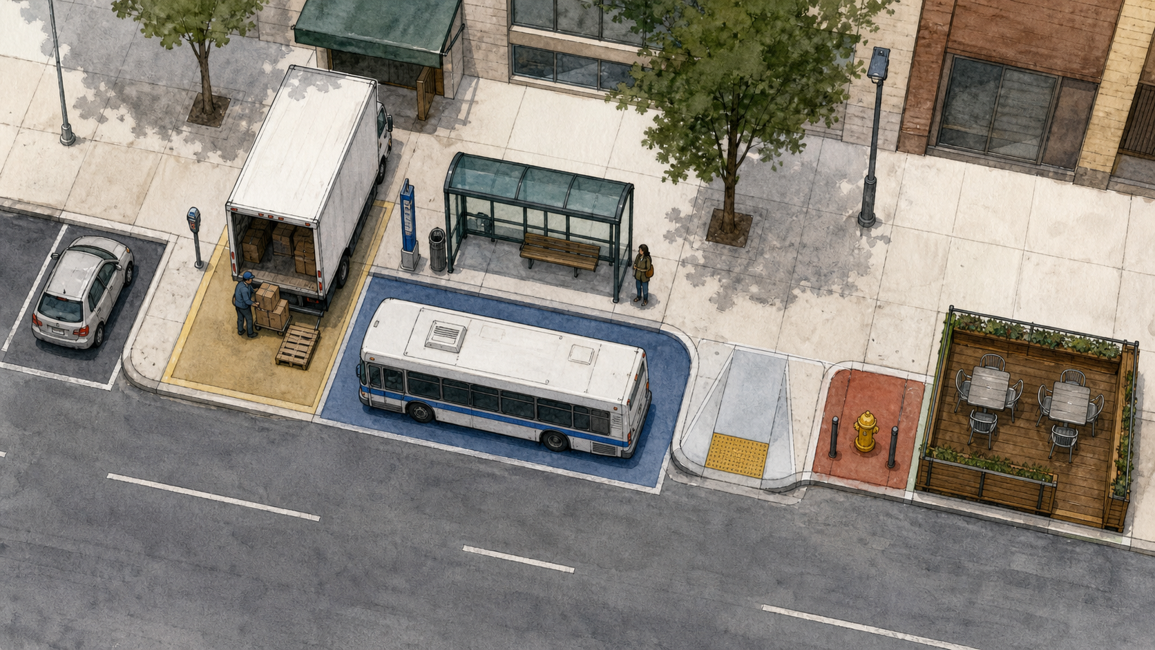 An overhead editorial illustration shows one city block split into curb uses: parking meter, delivery zone, bus stop, curb ramp, hydrant clearance, and outdoor seating, all arranged as marked pieces of a shared street edge.