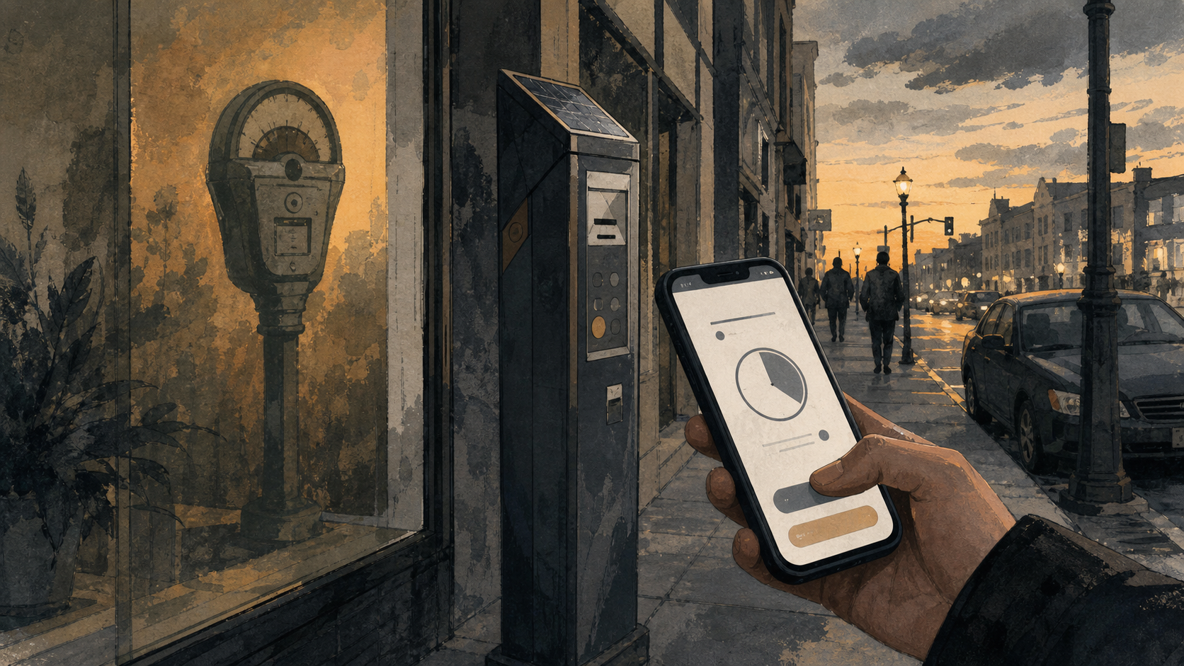 A modern curb at dusk shows a smartphone payment screen, a modest pay station, and the ghosted outline of an old coin meter reflected in a shop window.