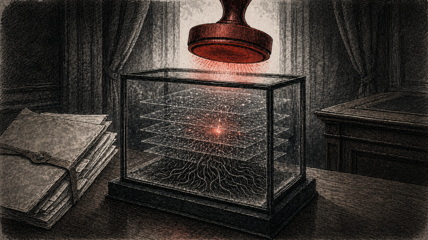 An abstract AI model sealed in a glass case under a red security-review stamp.