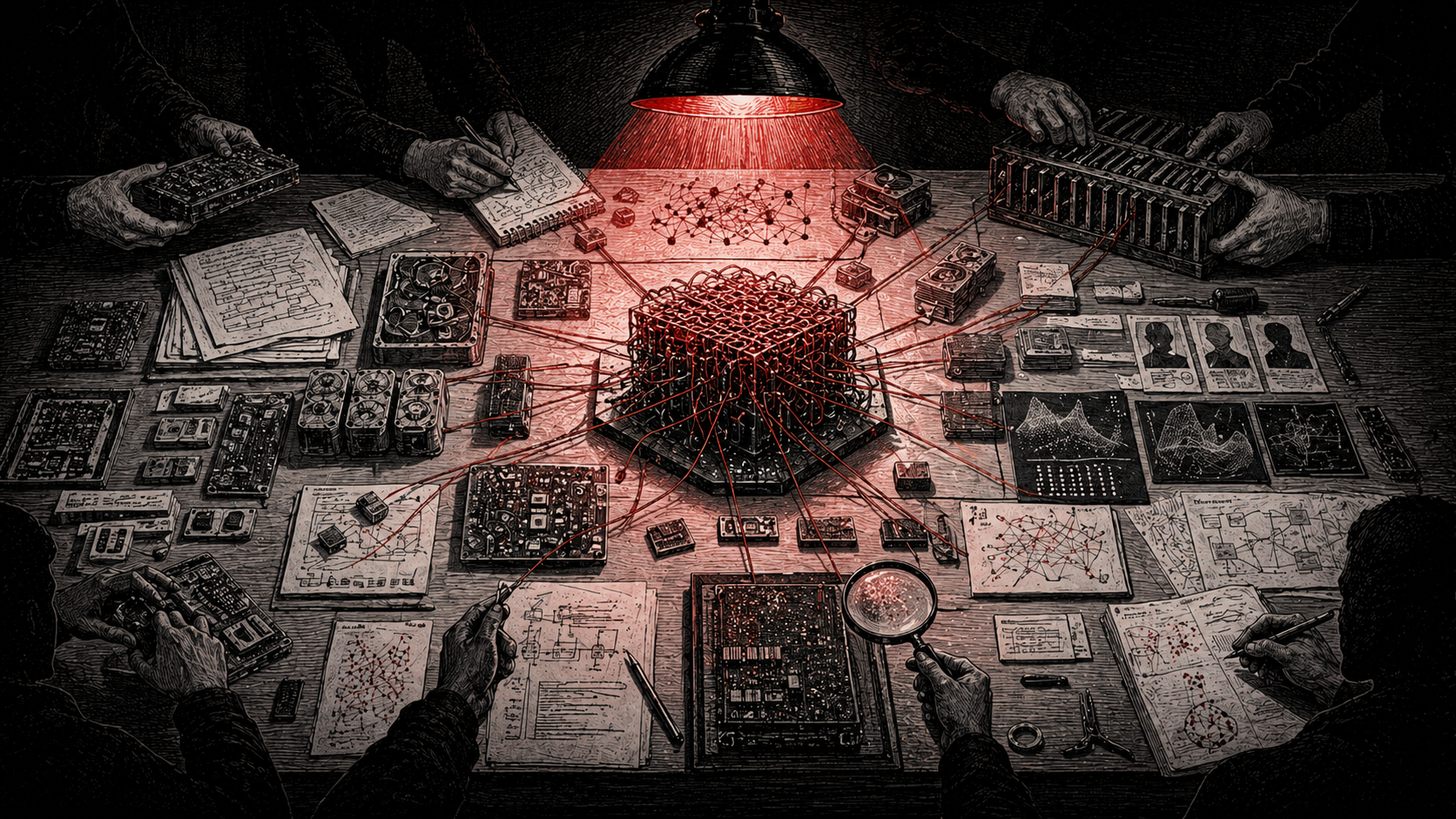 AI company components arranged on an inspection table under red review light.