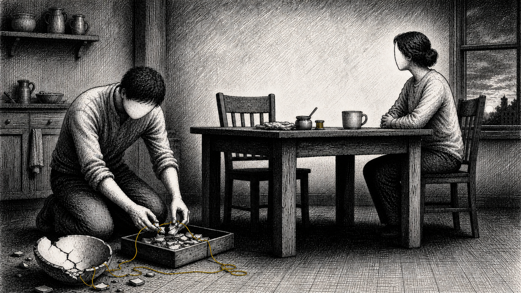 Editorial cartoon showing an anonymous adult kneeling beside a kitchen table and gathering pieces of a cracked bowl into a tray while another adult sits apart and a thin faded yellow thread runs from the bowl to the repair work.