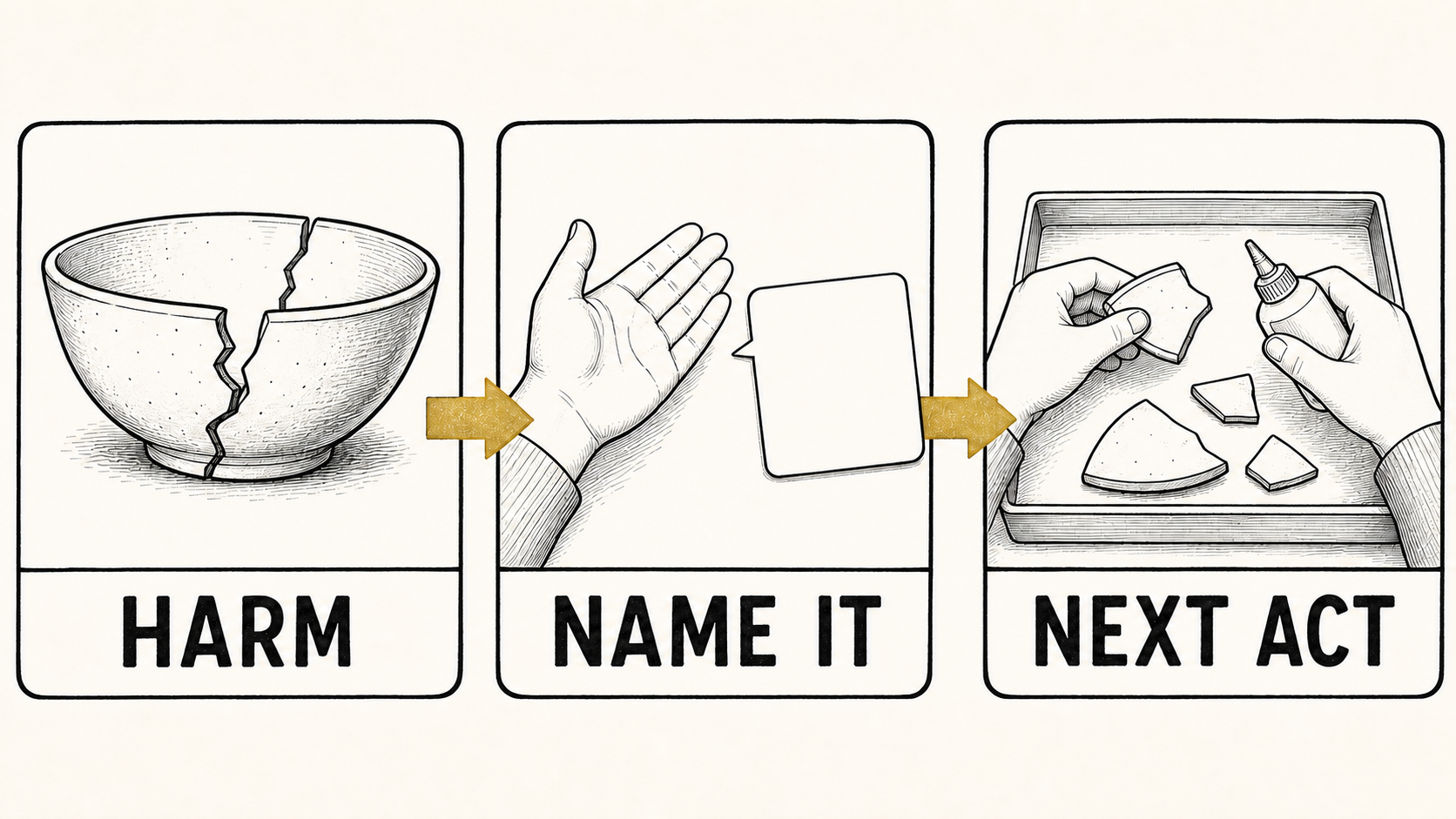 Infographic showing a broken promise, named harm, and the next honest act.