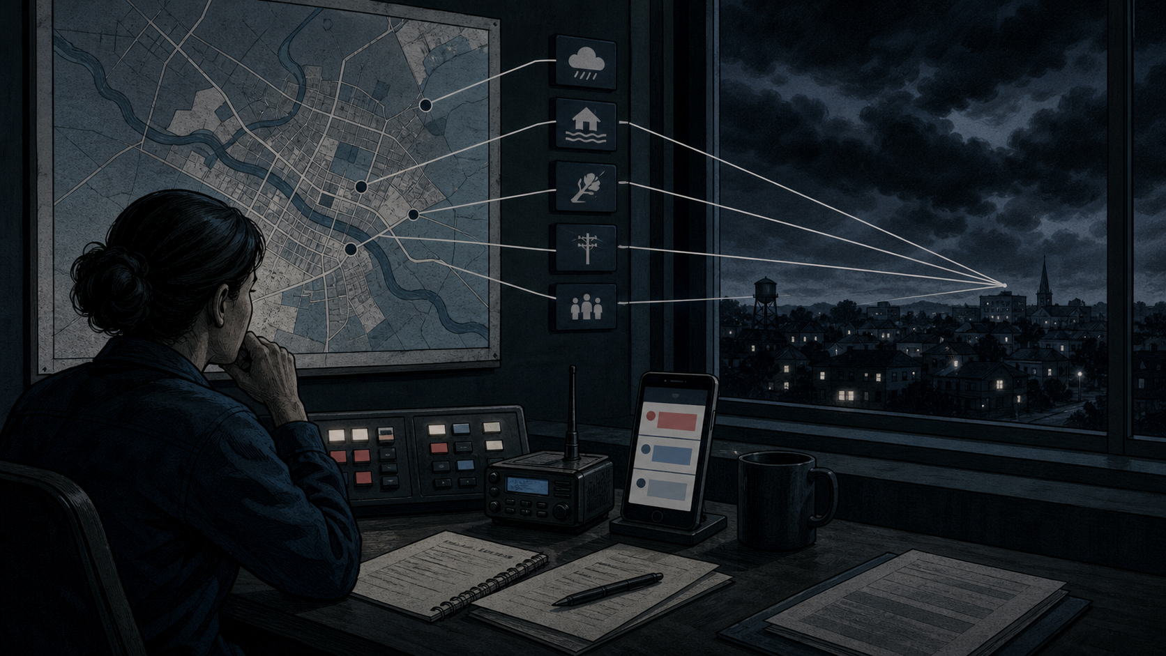 A quiet emergency operations room with a wall map, a siren control panel, and alert channels branching toward a town outside the window.