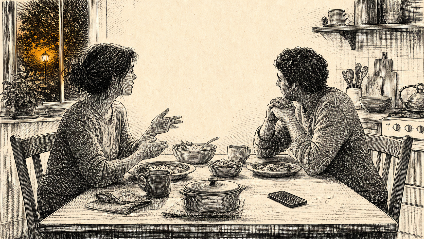 Two anonymous adults sit across a quiet table, one speaking while the other listens, with a blank phone resting face down beside the dishes.