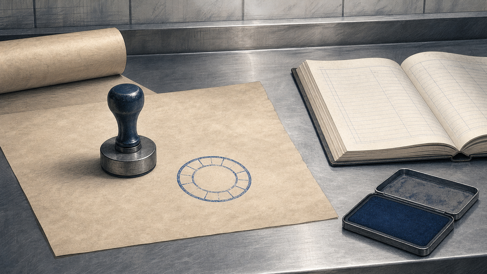 Editorial illustration of an inspection legend, a ledger, and wrapped meat under a cold retail counter.