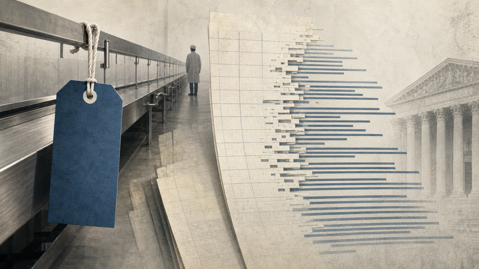 Editorial illustration of an inspected plant floor, a public ledger, and a stamped package turning hidden process into public record.