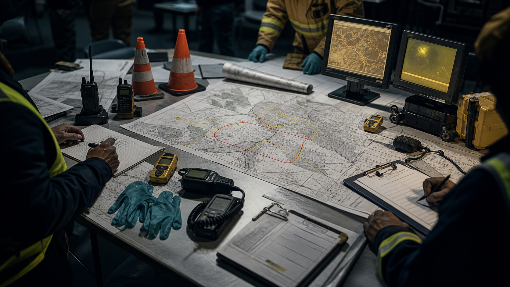 A command table with maps, radios, air monitors, and road closure cones laid out under a hard overhead light.