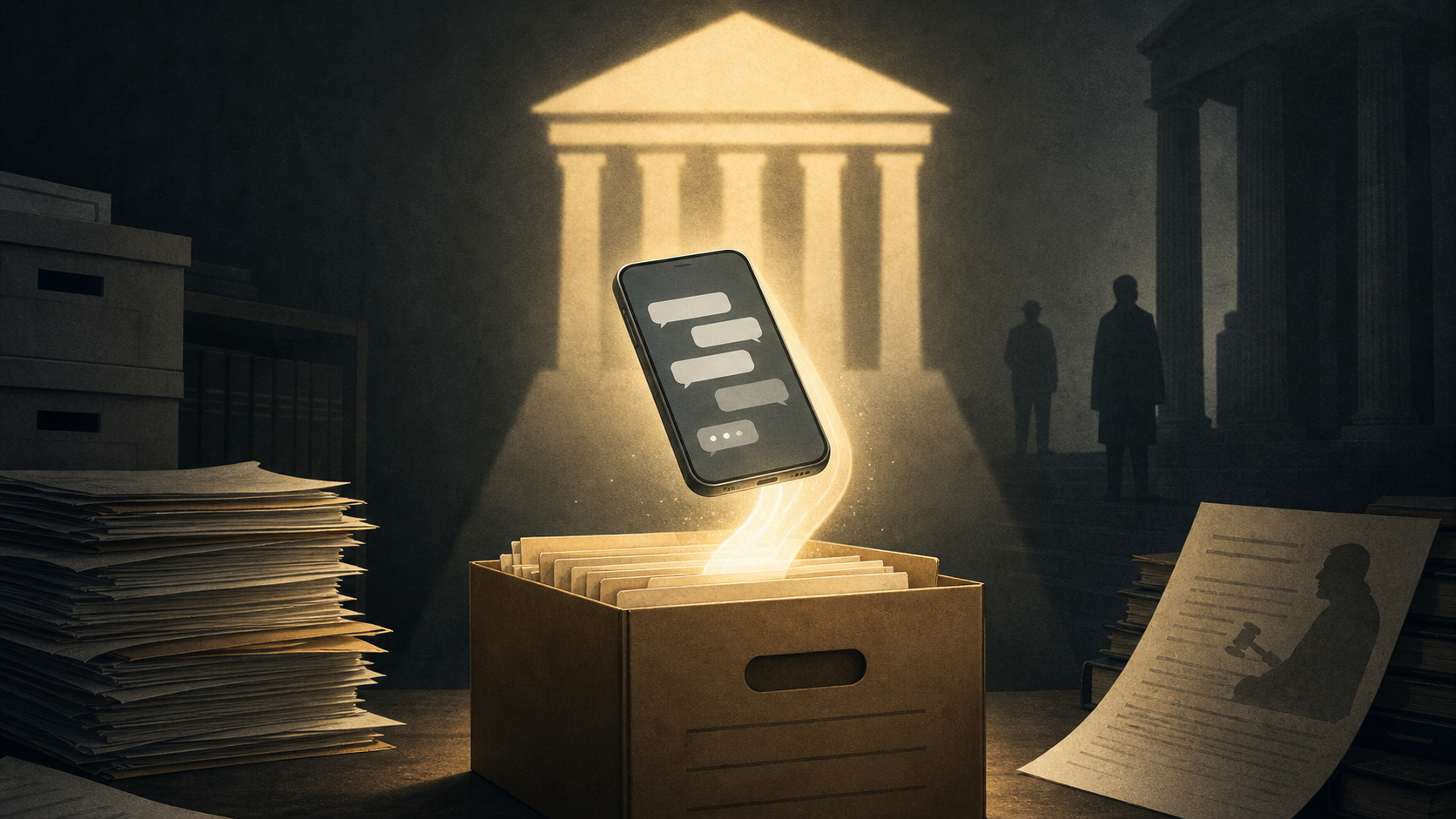 Editorial illustration of a glowing phone message moving into an archival records box under a court-order light.