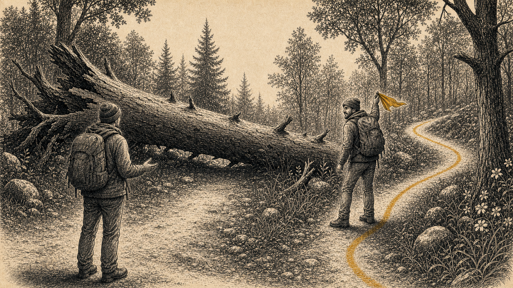 An anonymous traveler signals a changed route around a fallen tree to a companion waiting at the trail fork.