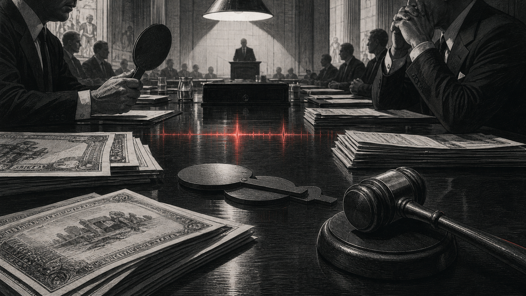 A Treasury auction table under hard light, with bond papers, bidder paddles, and a faint red heat line reflected across the polished surface.