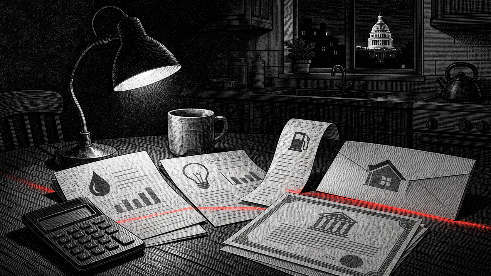 A household table with a Treasury note, utility bill, gas receipt, and calculator under a narrow red reflection, linking national borrowing to ordinary costs.