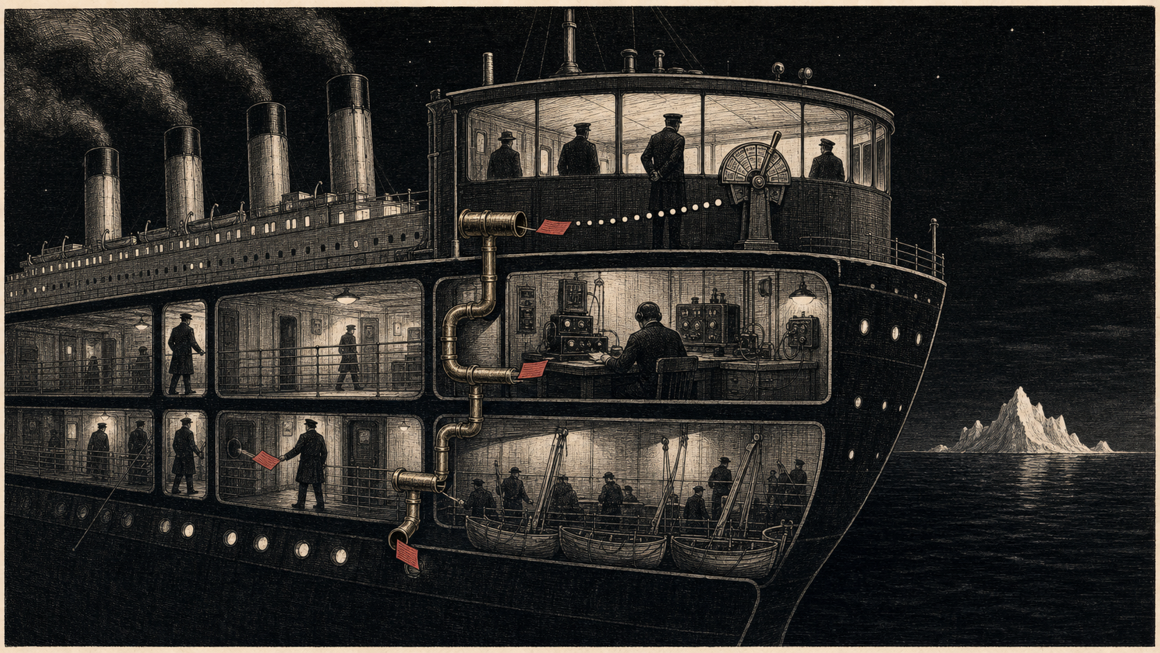 An editorial cutaway of an ocean liner whose warning messages descend through decks toward lifeboats below.