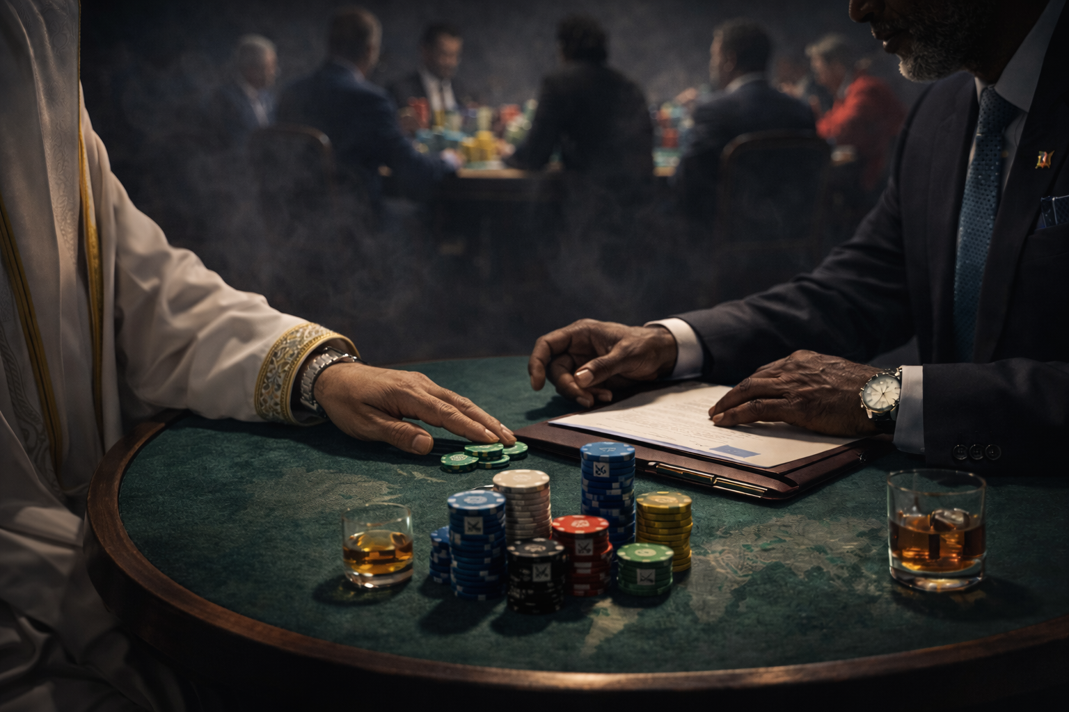 Two players sit at a smoky poker table with chips, papers, and drinks while another table blurs in the background.
