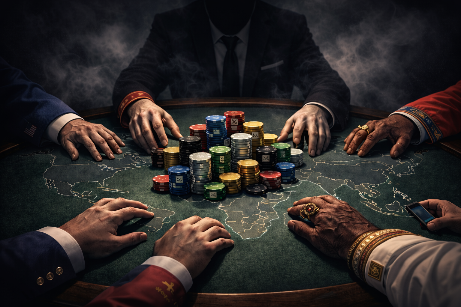 World leaders sit around a smoky poker table covered with a map and stacks of chips.