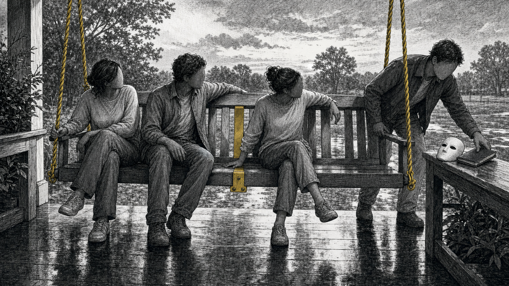 An anonymous adult sets a blank mask and folded notebook on a porch rail while three adults make room on a long swing held by faded ochre-yellow ropes.