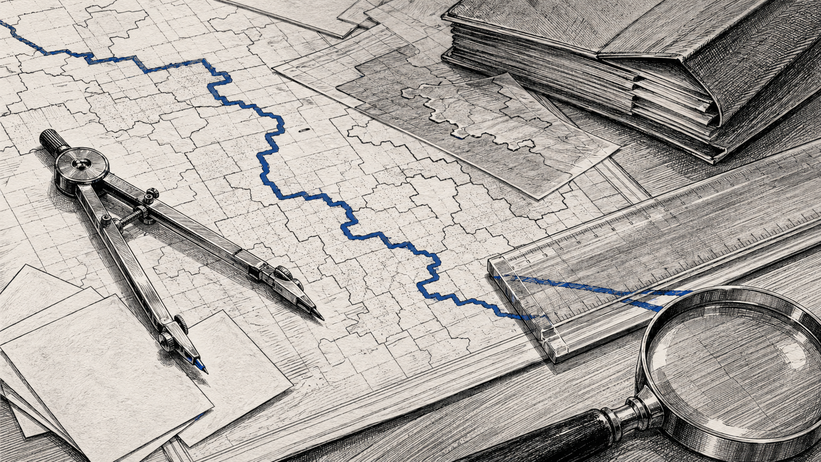 Close-up editorial illustration of mapmaking tools, blank ballots, and layered district templates with a narrowing blue line beneath a ruler.
