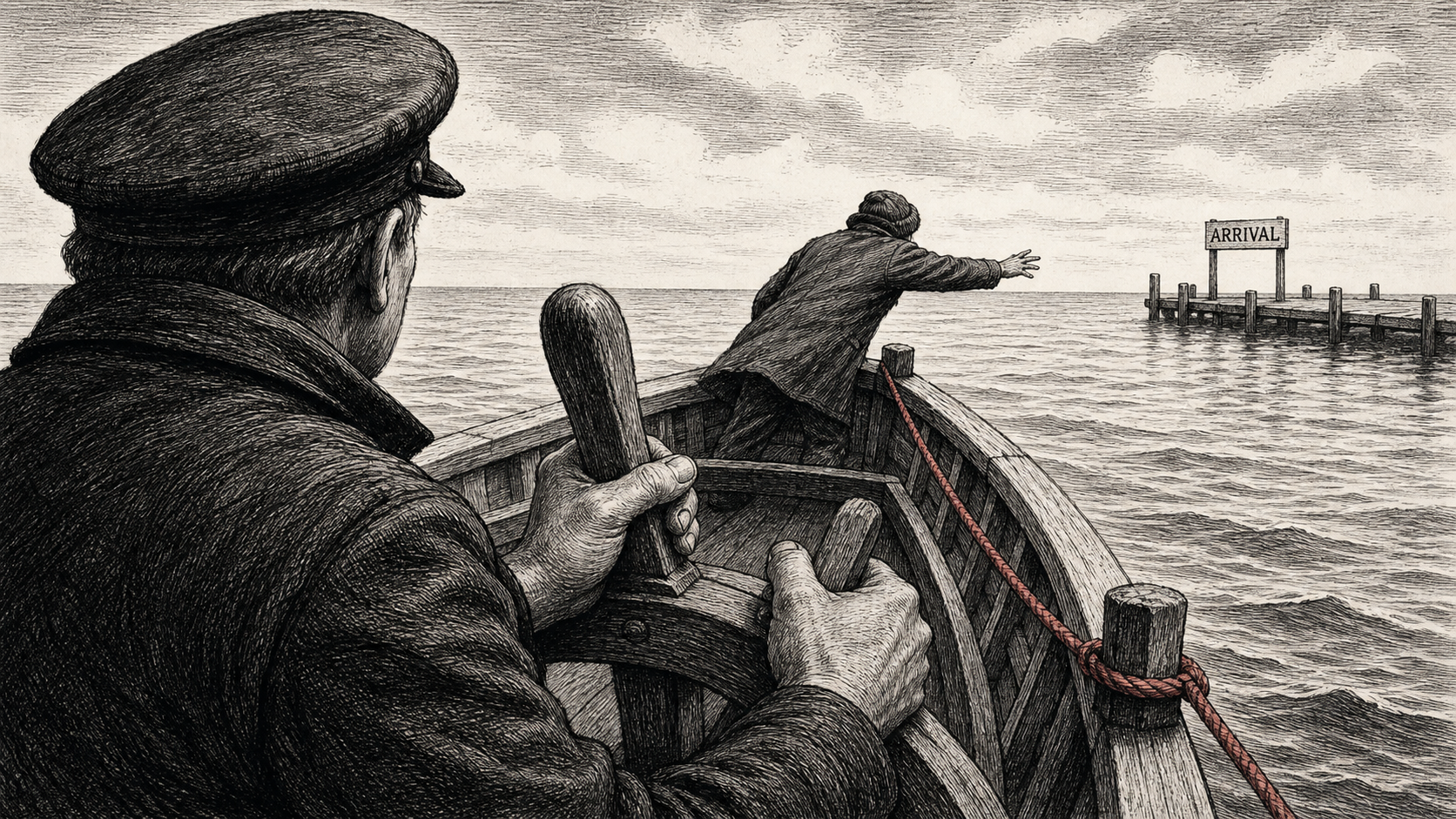 Editorial cartoon showing an anonymous ferry captain gripping a tiller while a passenger reaches toward a distant dock sign marked ARRIVAL and a red rope runs along the rail.