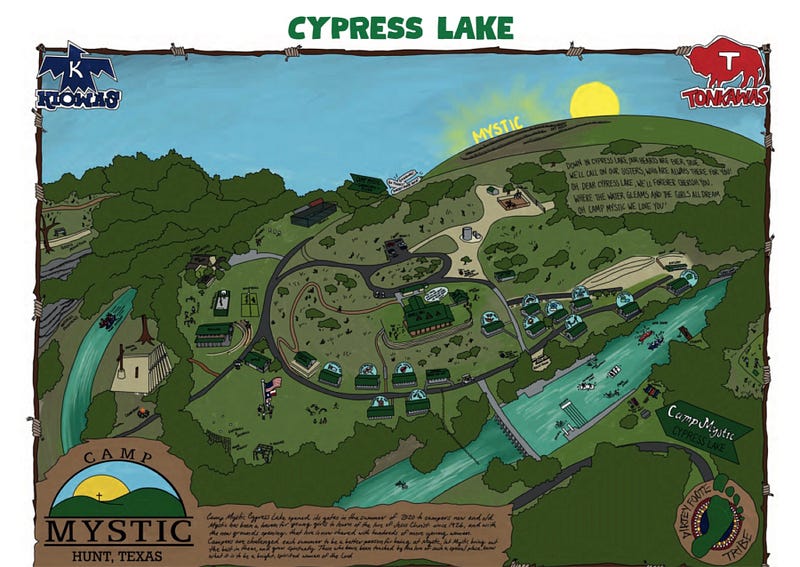 Camp Mystic grounds showing Cypress Lake and uphill areas.