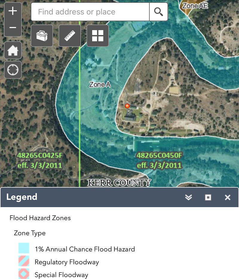 FEMA flood map around Camp Mystic and the South Fork Guadalupe River.