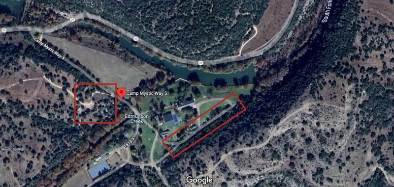 Camp Mystic map with red box marking Flats cabins.