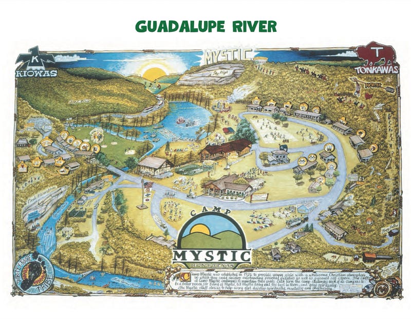 Camp Mystic grounds showing the lower Flats area near the Guadalupe River.