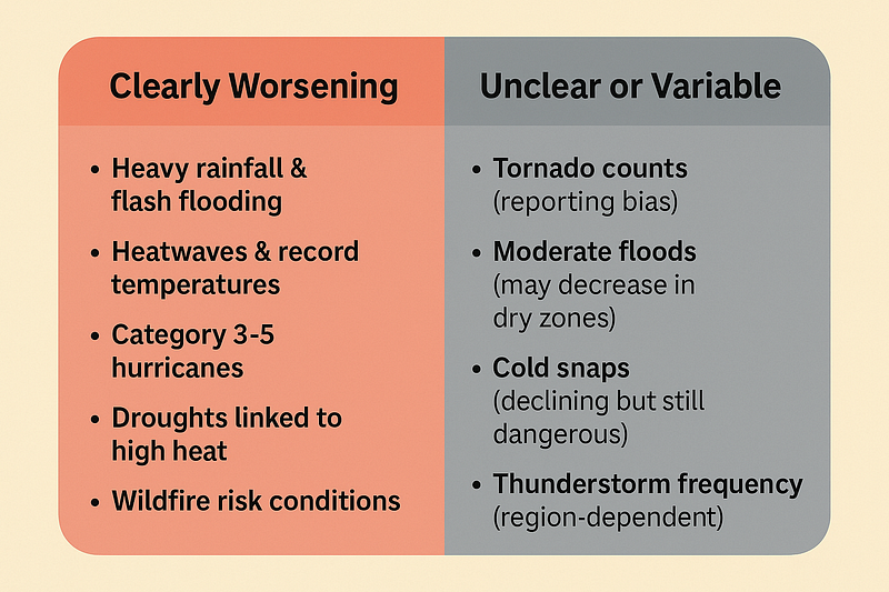 Summary graphic comparing clearly worsening and unclear or variable extreme weather trends.