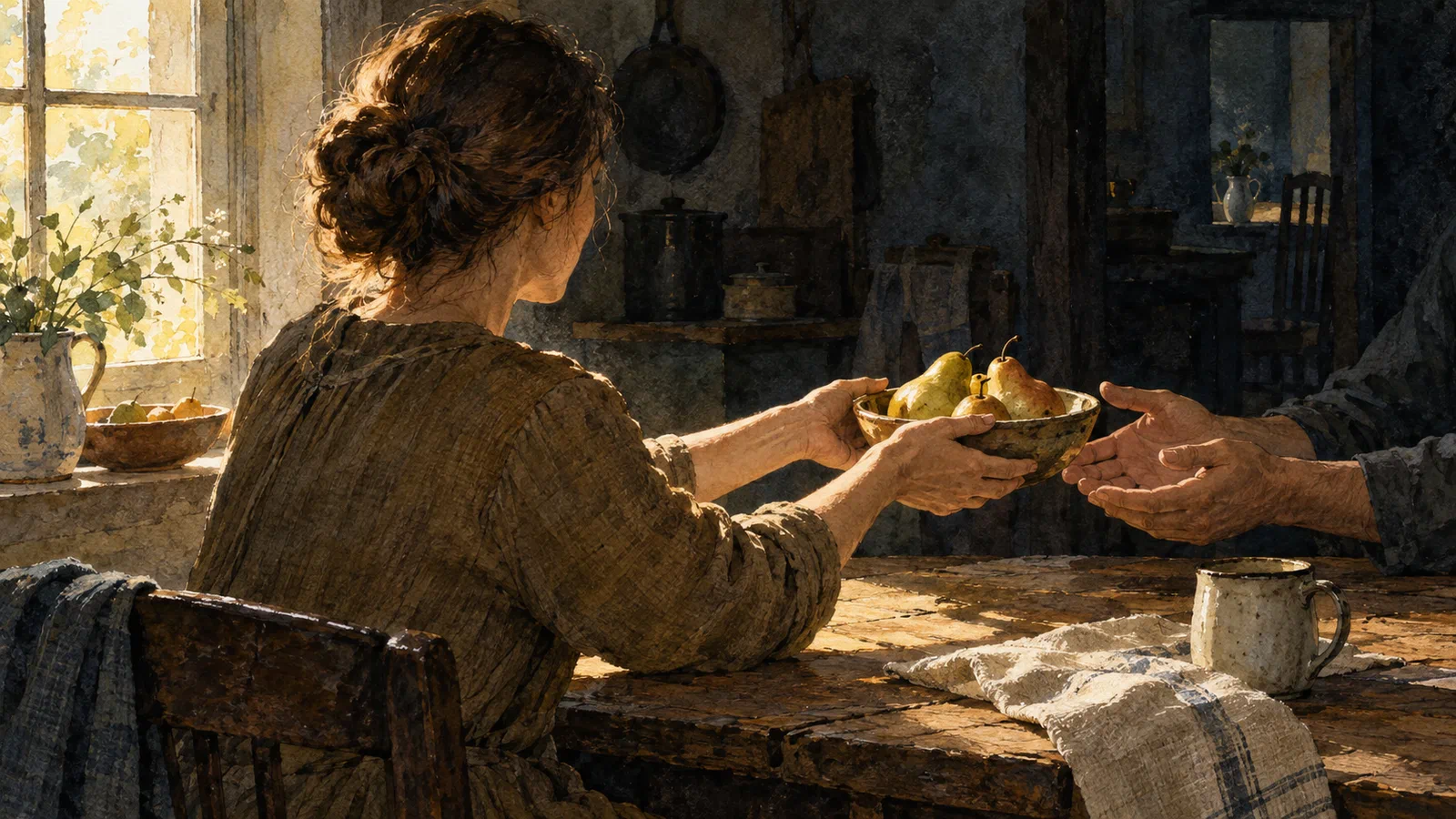 In warm kitchen window light, a woman offers an earthenware bowl of pears to another person's open hands across a wooden table.