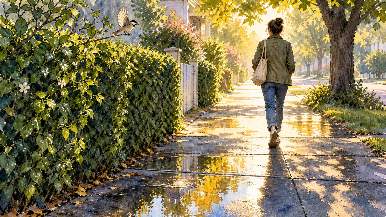 An anonymous walker seen from behind follows a rain-washed sidewalk into golden morning light as a small bird lifts from the hedge beside the path.