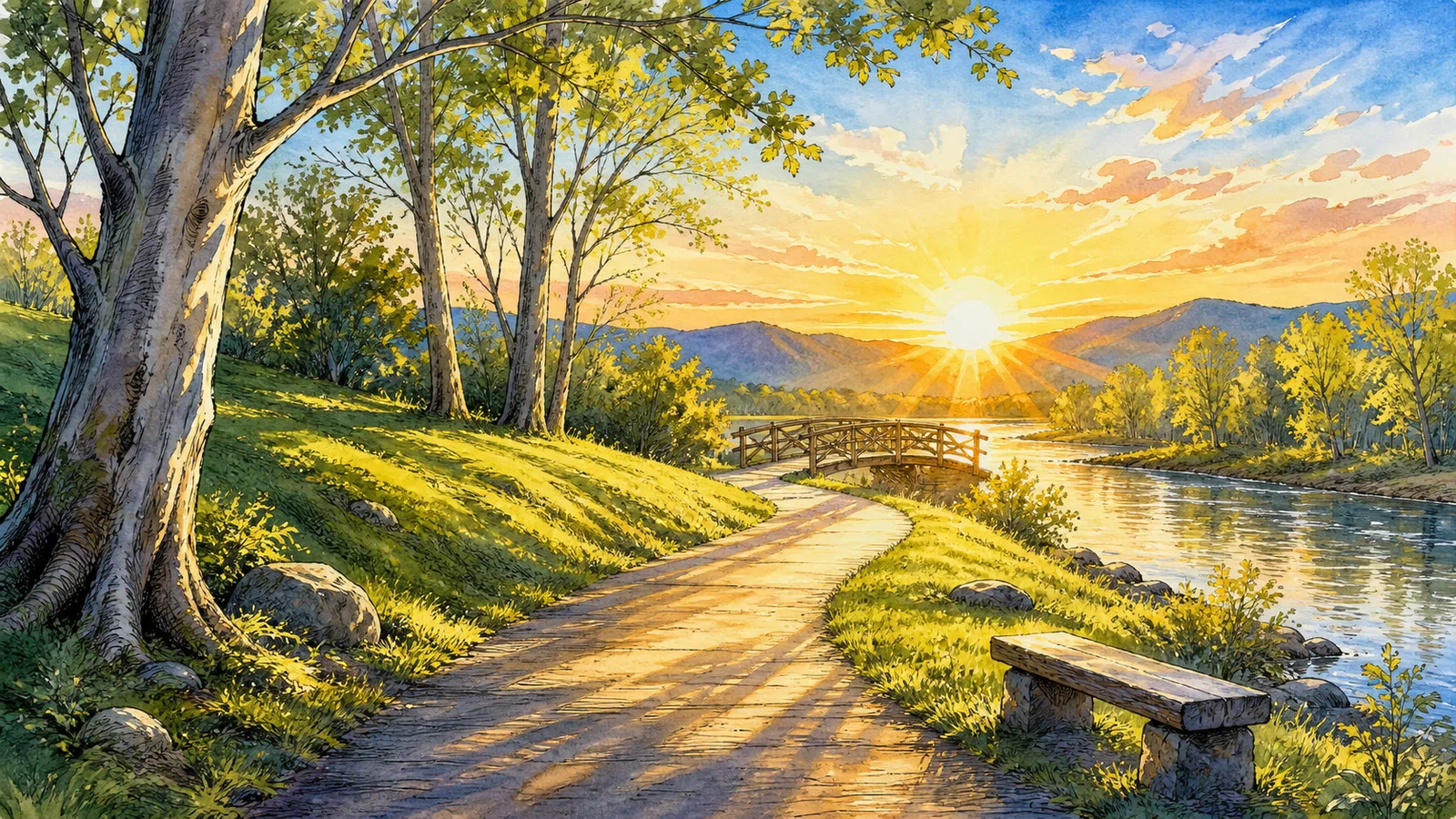 Golden sunrise lights an empty riverside path curving beneath sycamores toward a wooden footbridge, calm water, and distant blue hills.