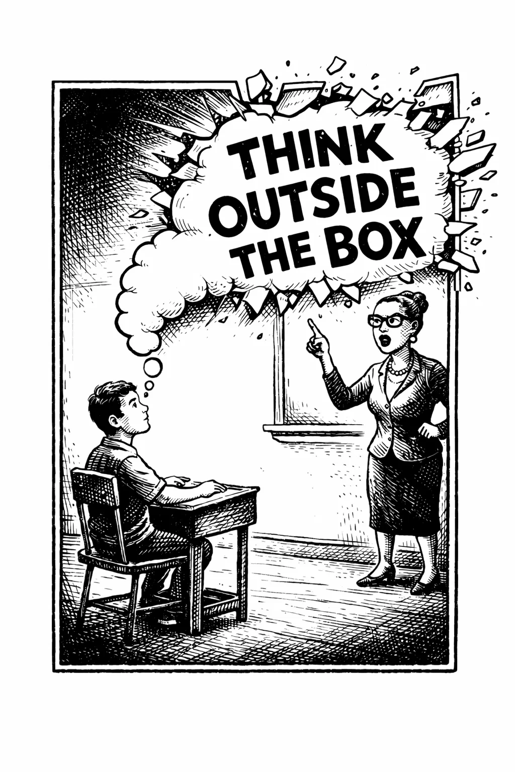 Editorial cartoon showing a student thinking outside the box, with the thought breaking through the frame.