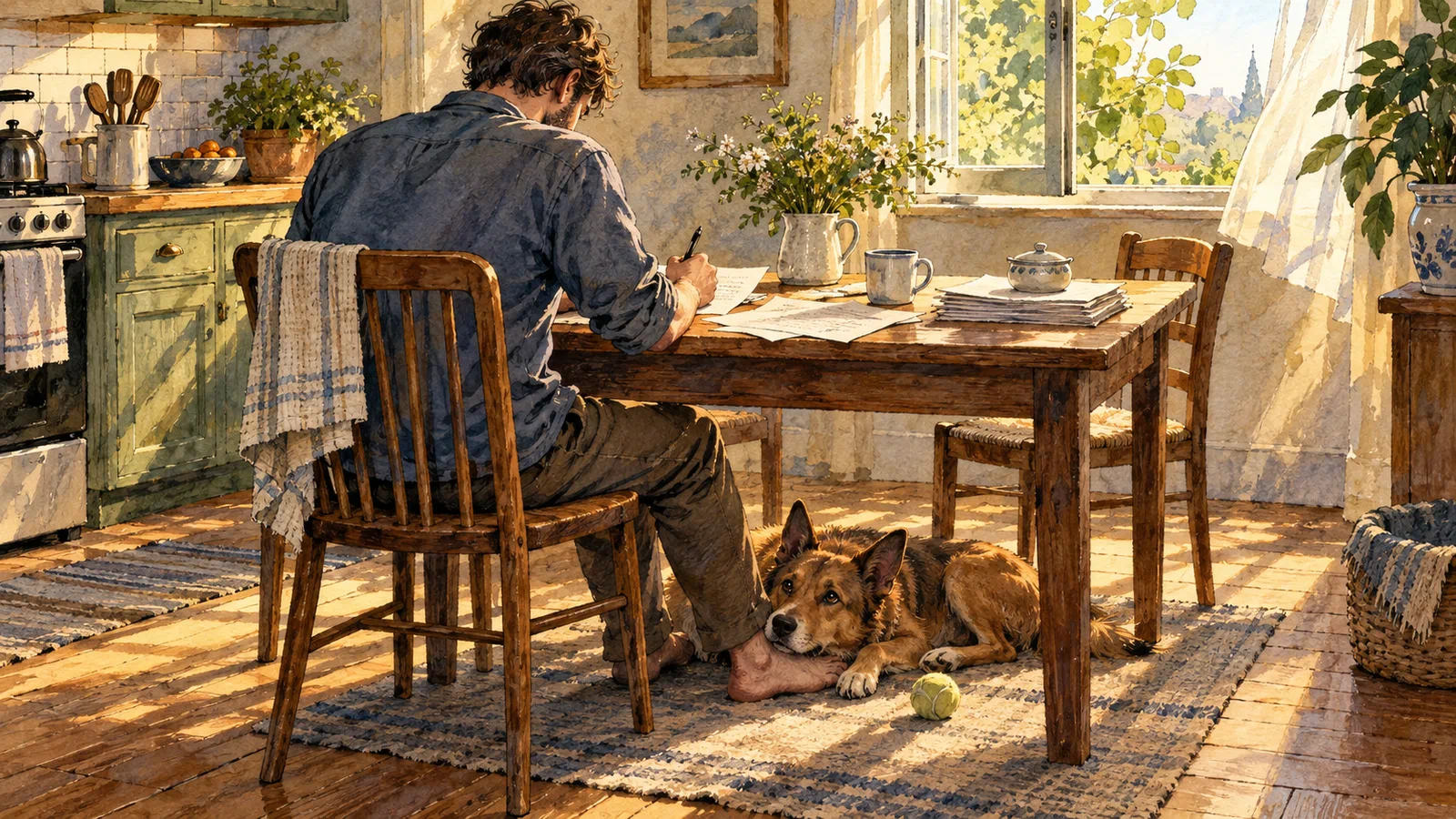 A man writes at a sunlit kitchen table while a brown dog rests by his bare feet, with a tennis ball nearby.