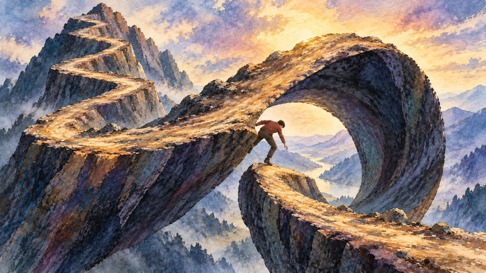 A person reaches for a golden foothold as a mountain path curls above a misty valley, painted in deep blue-violet shadow and luminous morning light.