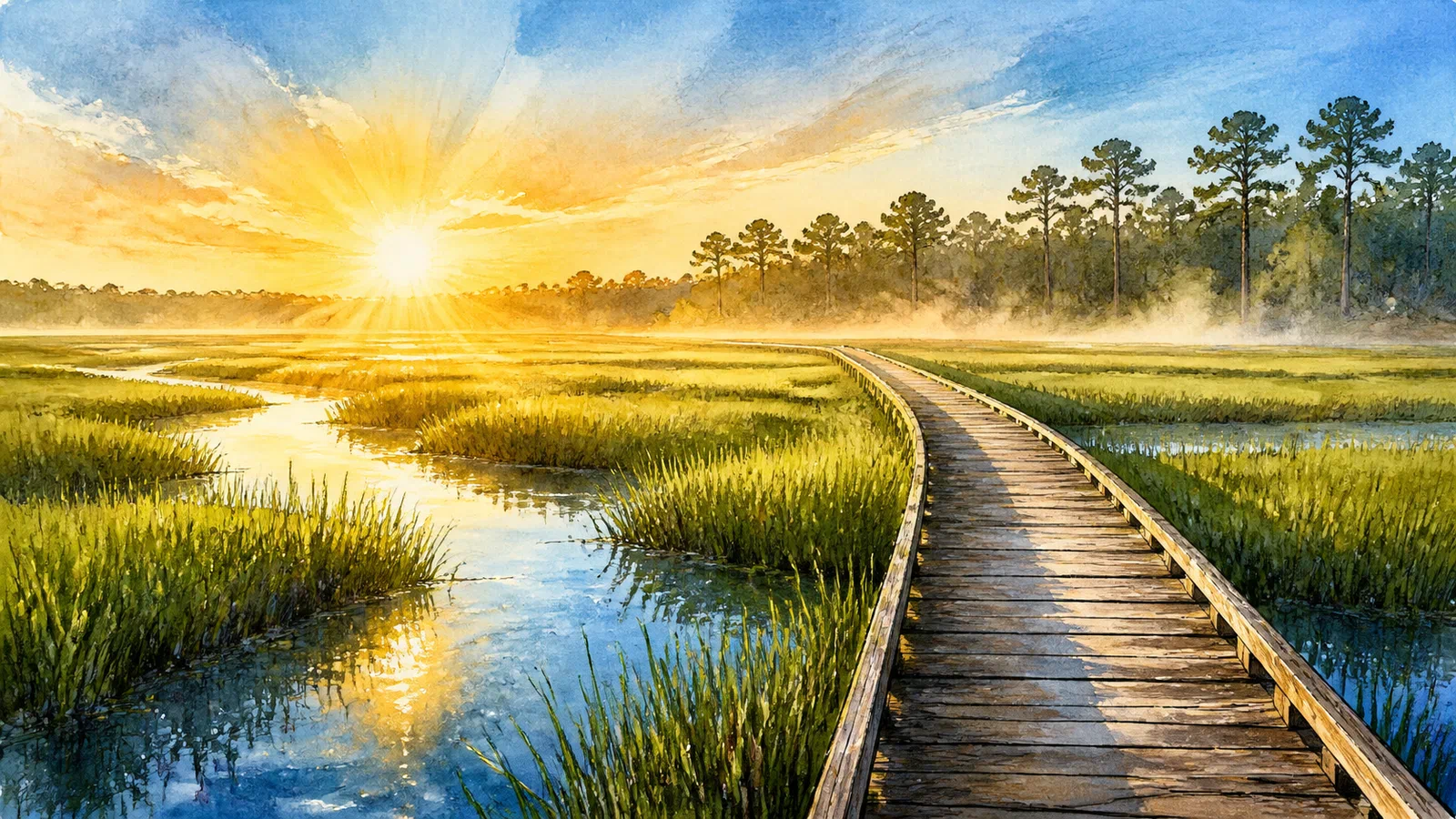 Golden sunrise lights a tidal marsh crossed by an empty wooden boardwalk, with reflective water, green cordgrass, and distant pines beneath a clear sky.