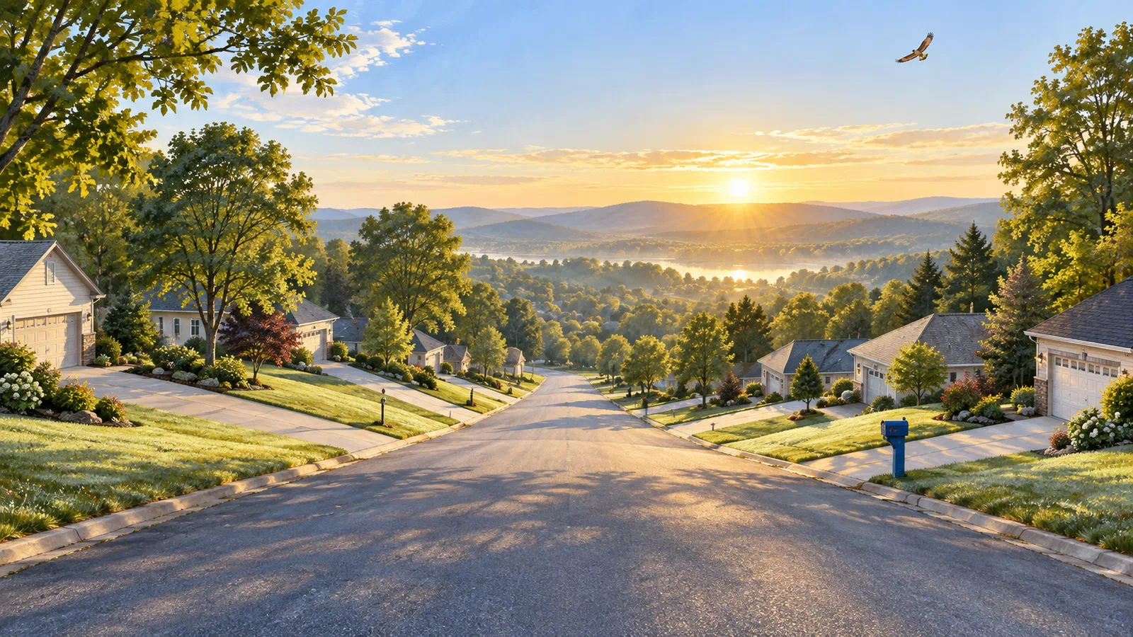 From the top of a steep neighborhood hill, nine driveways descend past a blue mailbox toward a sunlit valley at sunrise.