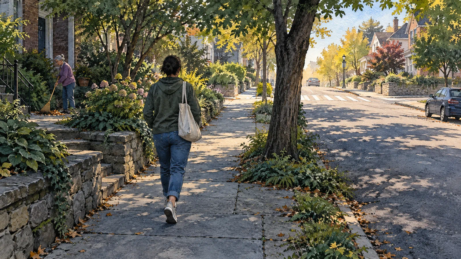 An anonymous person walks up a shaded neighborhood sidewalk toward a sunlit crossing while a neighbor sweeps leaves beside a house.