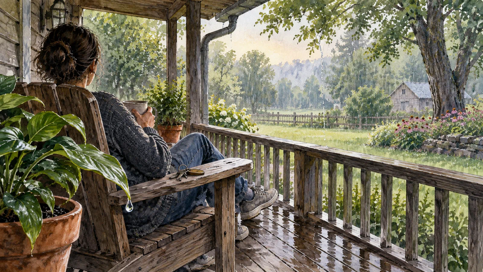 An anonymous person rests in a wooden porch chair beside a keyring while rain falls over the yard and a drop hangs from a potted plant's leaf.