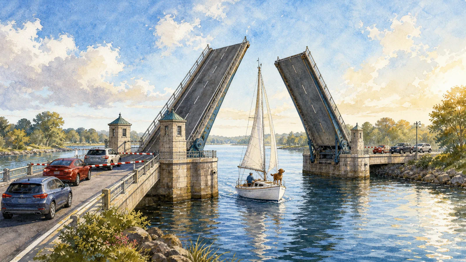 A double-leaf drawbridge rises above a bright river as cars wait safely behind gates on both road approaches and a white sailboat carrying an anonymous sailor and a brown dog enters the channel.