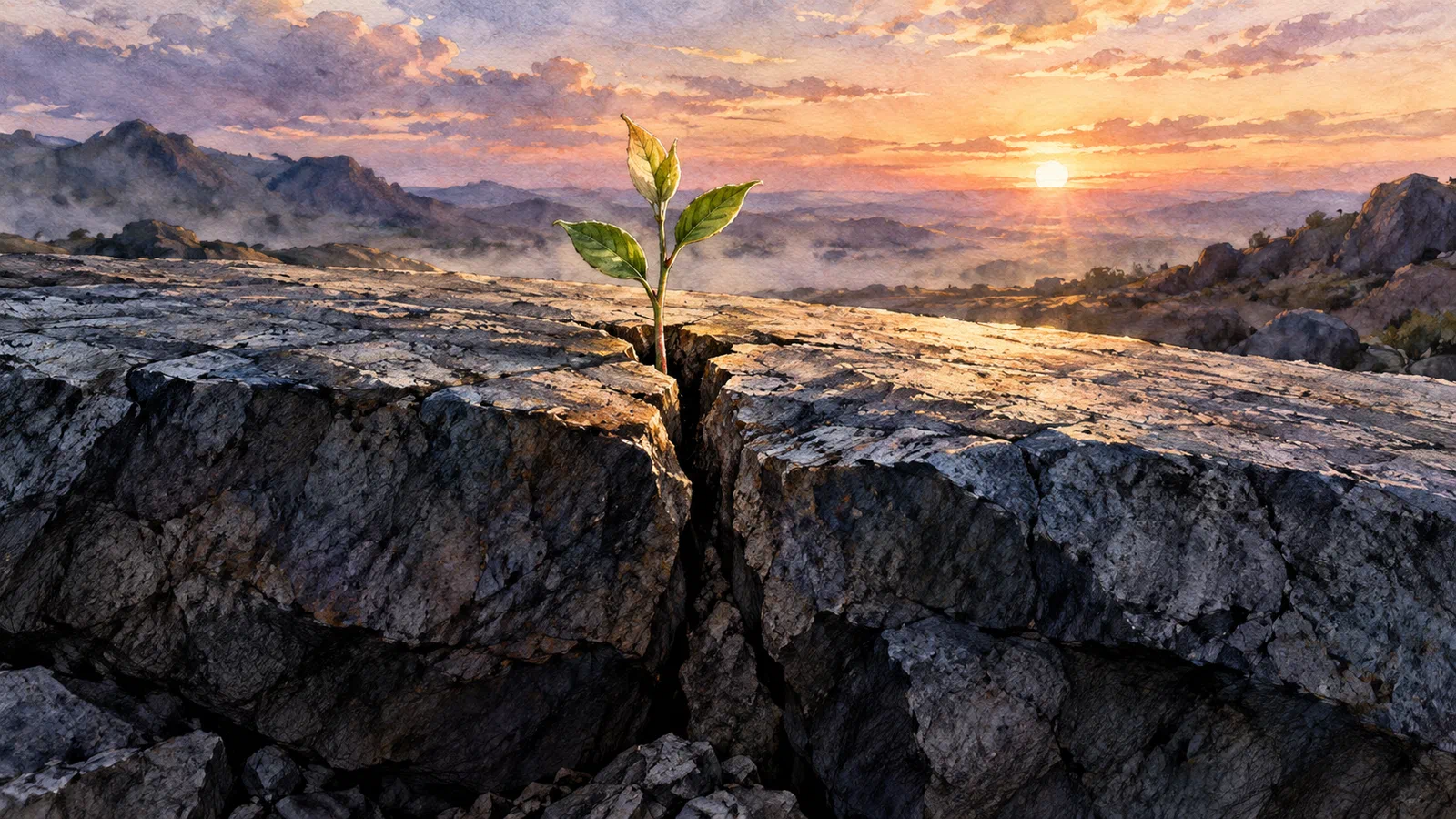 A small green shoot rises through a jagged crack in a massive stone slab, lit by a rose-gold dawn above violet mountains.