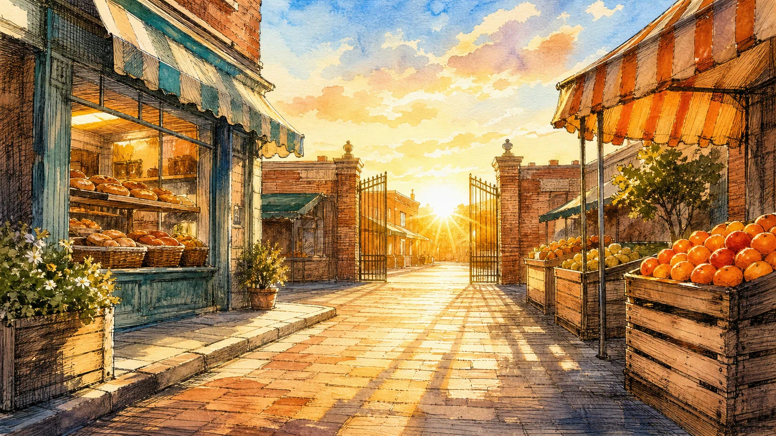 Golden sunrise fills an empty brick market street between open iron gates, striped awnings, a glowing bakery window, and wooden crates of oranges.