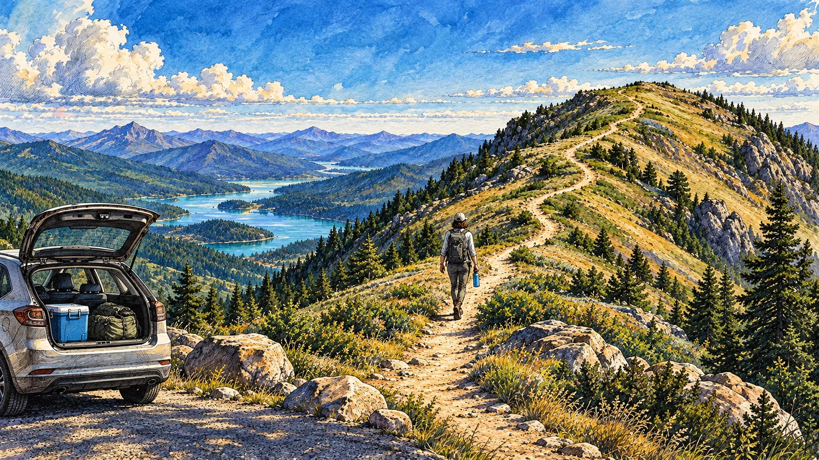 A walker carrying a blue water bottle follows a sunlit trail toward a mountain ridge above a lake, leaving an open hatchback and cooler at an overlook.