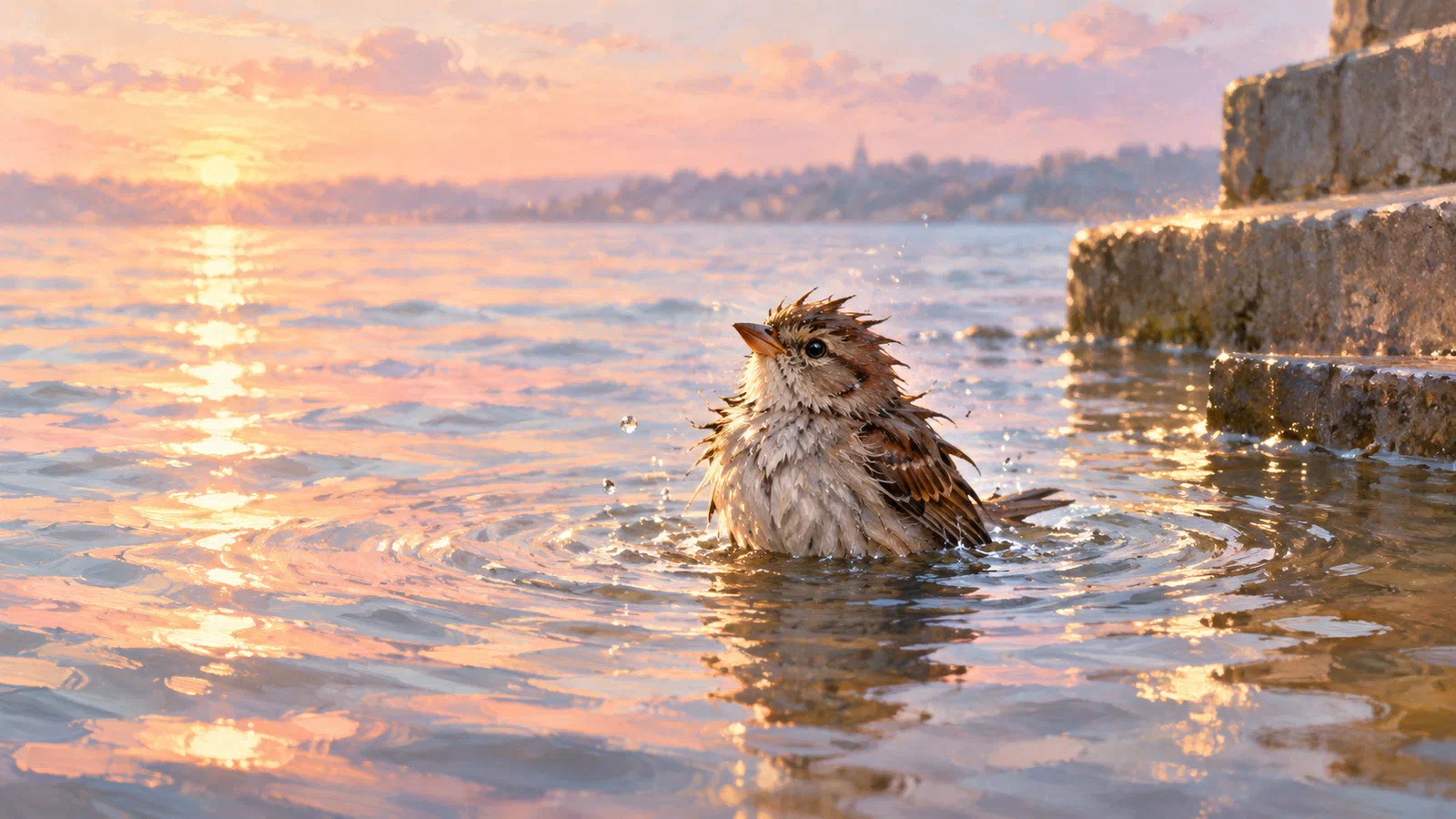 A wet brown songbird bathes in rippling water beside stone steps as a pink-and-gold sunrise reflects across the surface.