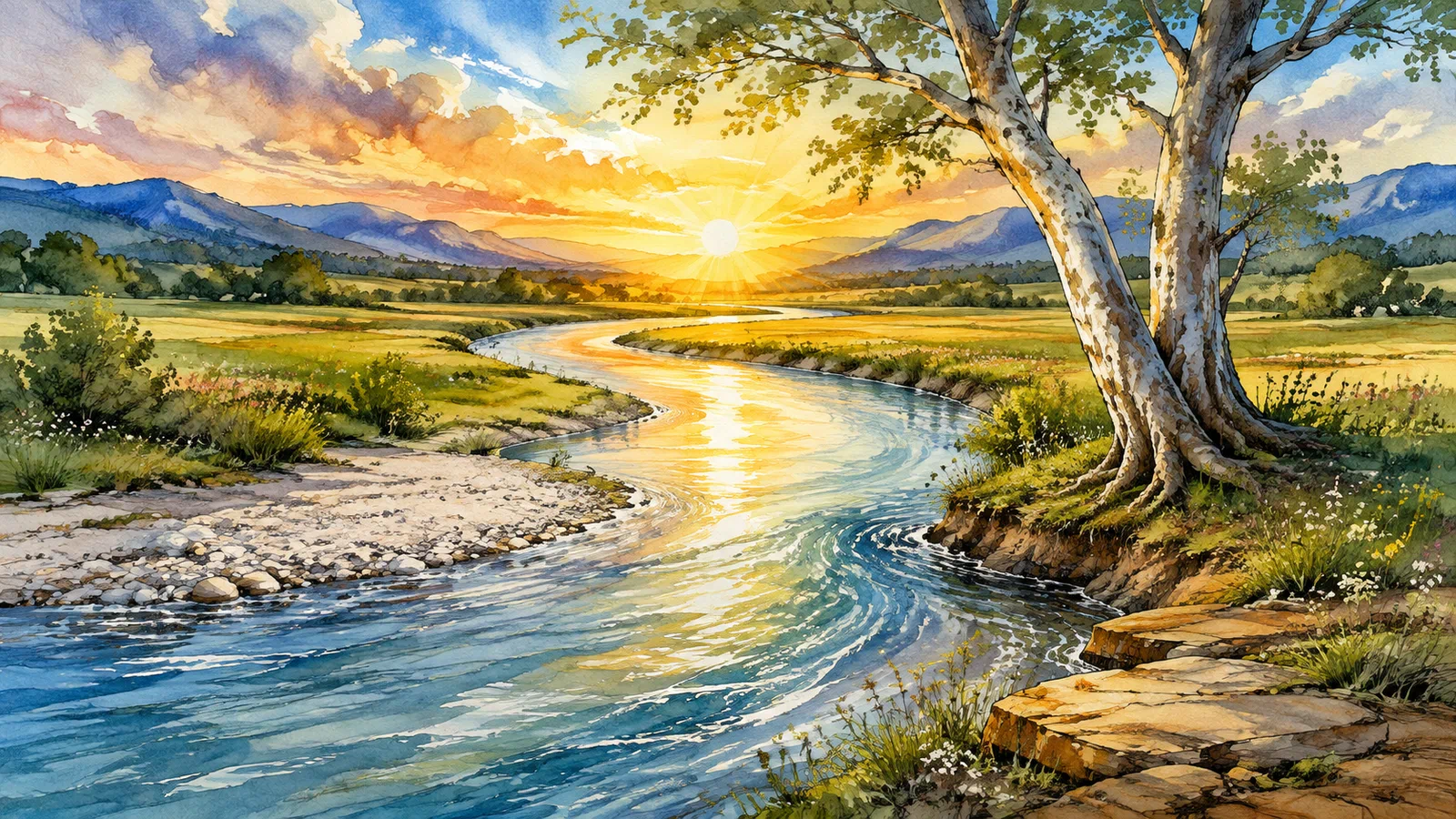 A golden sun rises above a river bending in a broad S through a green meadow, with a split-trunk sycamore on one bank and distant blue hills beyond.