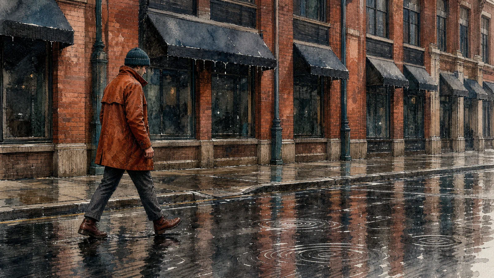 An anonymous man in a burnt-sienna raincoat, dark teal knit cap, charcoal trousers, and oxblood boots walks in side profile along a rain-dark brick street as awning drips and puddle rings repeat around his stride.