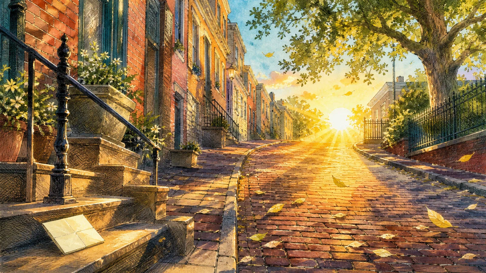 Golden sunrise fills an empty brick street rising between row houses, iron stoops, and an oak, with a folded cream page resting on a sunlit step.